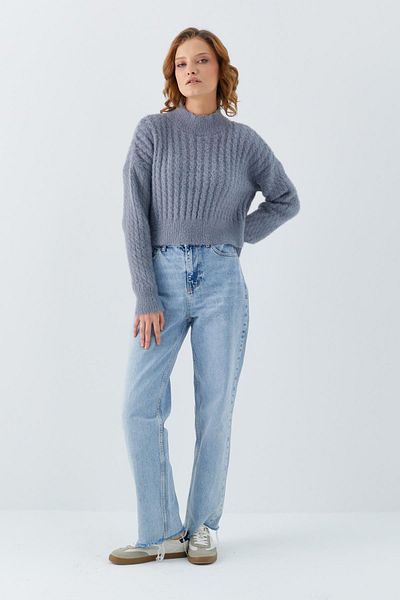 Mixray Women's Bearded Crop Knitwear Sweater, Gray Colored Hair Braid