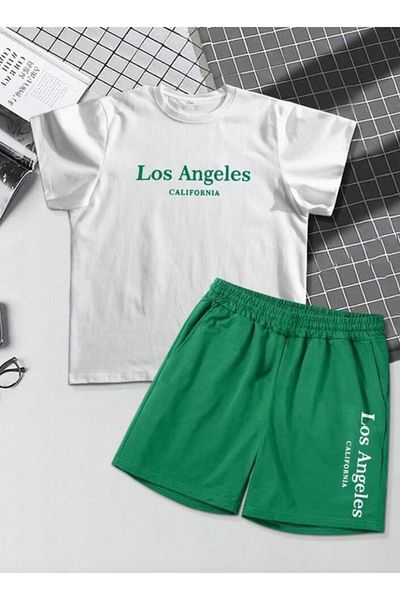 BYMEER White Green Los Angeles Printed Shorts T-Shirt Set