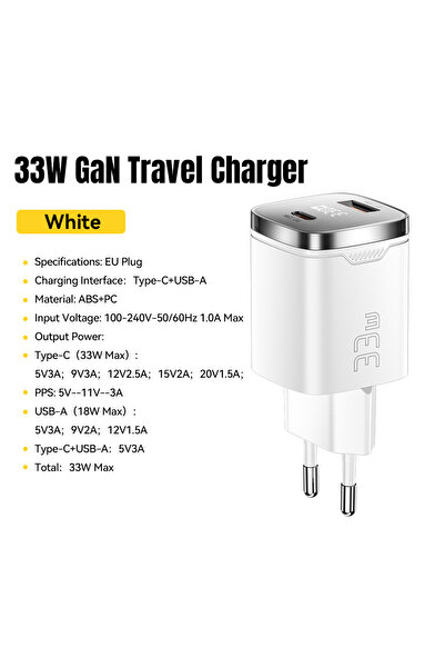 Choice شاحن ESSAGER أبيض اللون، قابس أوروبي، بقوة 33 واط، بتقنية GaN، منفذ US...