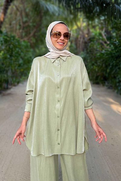 Ka Hijab Shiny Textured Loose Cut Double Suit - Water Green