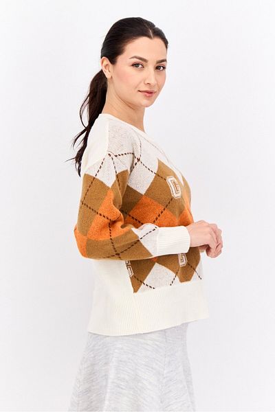 Gant Women Crew Neck Argyle Sweaters, Cream