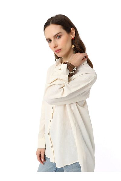 Benin Linen Textured Cotton Fabric Comfortable Fit Blouse / Shirt - Ecru - Benin