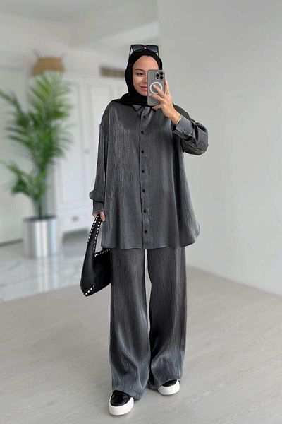 Ka Hijab Set din două piese cu textura strălucitoare - antracit