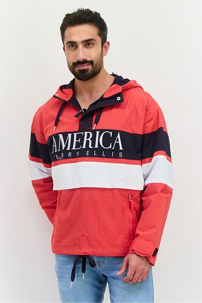 Perry Ellis Men Embroidered Logo Half Zip Hooded Jackets, Red