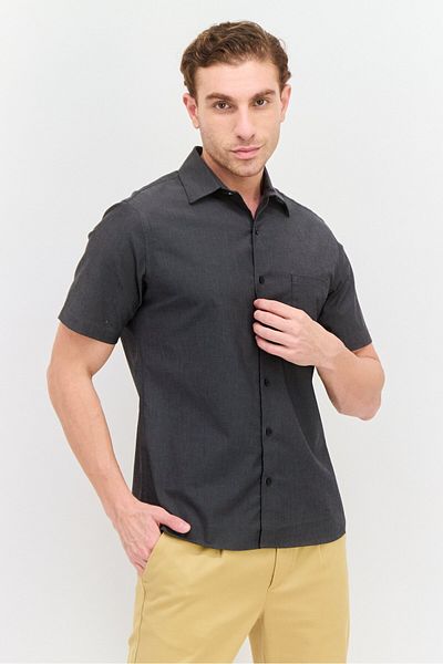 VAN HEUSEN Men Slim Fit Plain Short Sleeves Dress Shirt, Grey
