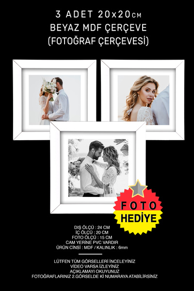 yhfoto 3 Adet 20x20 Çerçeve - Beyaz Çerçeve - Mdf Kare Fotoğraf Çerçeve Seti