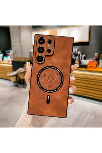 Choice For Galaxy S23Ultra Dark Brown Luxury Leather Magsafe Magnetic Wireless Charging Phone Case For Sams