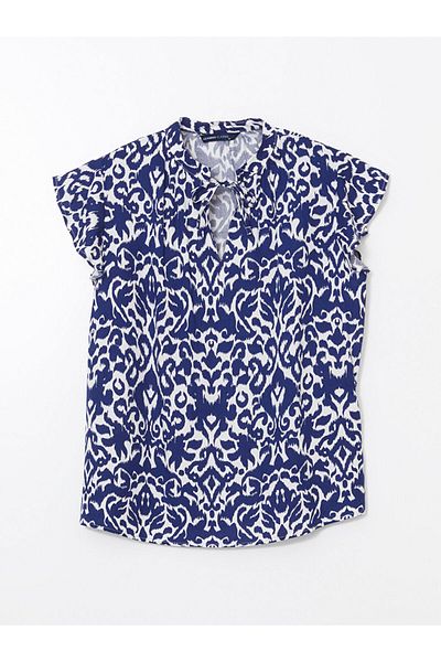LC Waikiki LCWAIKIKI Klassische marineblaue Damenbluse mit Schnürkragen und Muster