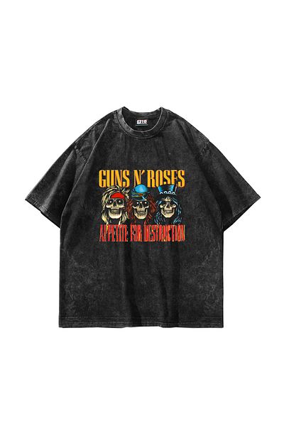 Sekizbiraltı Gun's N Roses Destruction 24/1 Oversize Unisex Μαύρο T-Shirt - Washable