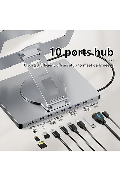 Blueendless حامل iPad من الألومنيوم من Blueendless ST108A، 10 في 1، موزع C، 4K، 60 هرتز، محول من النوع C، USB3.0، 5 جيجابت في الثانية، 10
