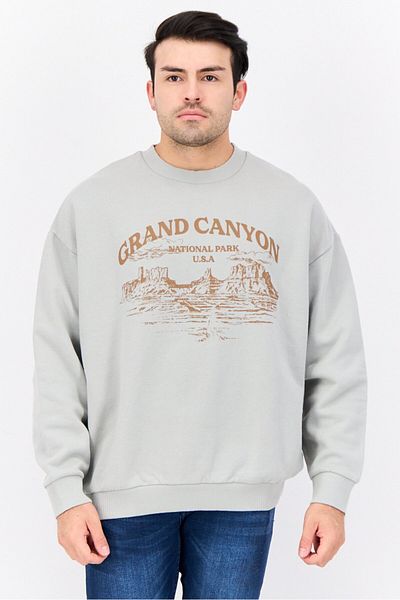 Reclaimed Vintage Men Crew Neck Graphic Print Long Sleeves Sweatshirt, Light Grey