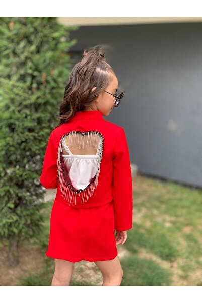 TRENDİMİZBİR Heart Double Stone & Brooch Accessory Jacketed Skirt Set