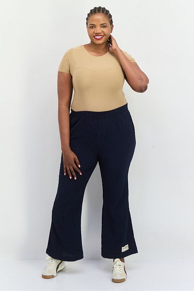 The Giving Movement Women Regular Fit Wide Leg Textured Flare Pants, Navy