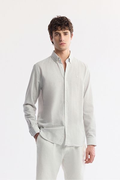Avva Men's Light Gray Button Collar Cotton Textured Regular Fit Shirt A51Y2130