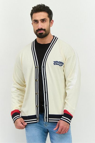 Perry Ellis Men V Neck Embroidered Cardigan, Cream Combo
