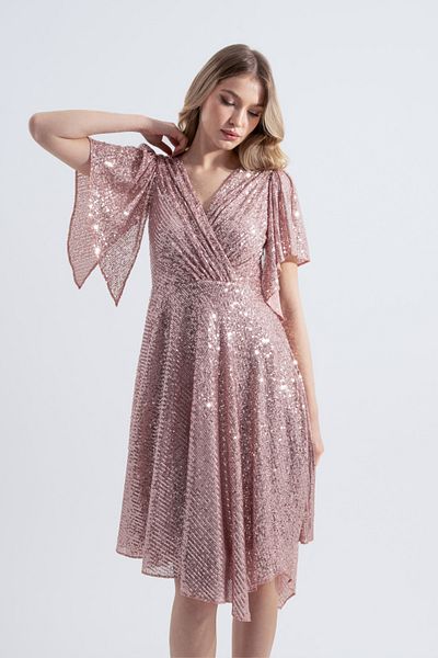 HOX'S Angel Sequined Midi Evening Dress - Double Breasted Neckline and Asymmetrical Skirt, Handkerchief Sleeves - Powder