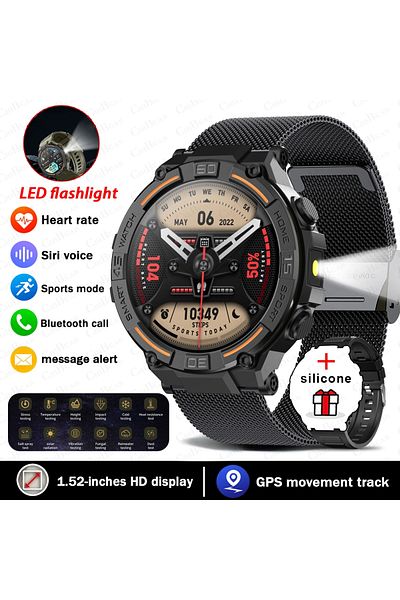 ChiBear Black mesh belt Smartwatch Military Men 360*360 HD Screen Flashlight Health Monitoring Waterproof He