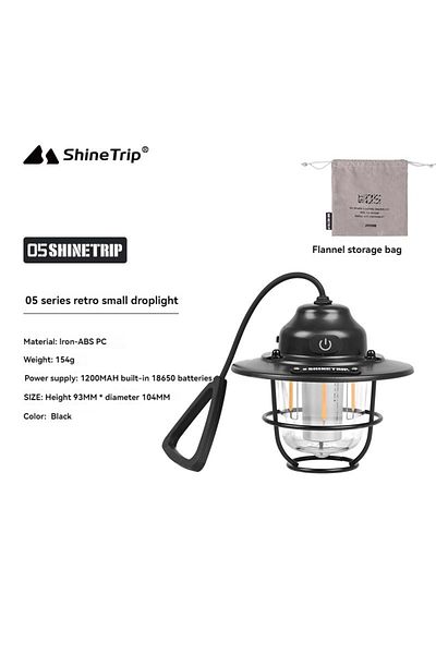 ShineTrip مصباح صغير أسود لامع للرحلات الخارجية بتصميم كلاسيكي، مصباح تخييم، مصباح جو، مصباح خيمة بشحن USB