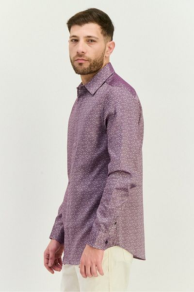 Perry Ellis Men Slim Fit Chambray Print Long Sleeves Casual Shirt, Purple Combo