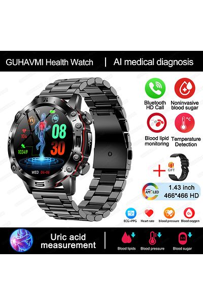 Choice Black Steel New Healthy Blood Lipids Uric Acid Blood Sugar Smart Watch Men ECG+PPG Fitness Tracker C