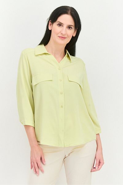 Steve Madden Women Spread Collar Long Sleeves Solid Blouses, Acid Green