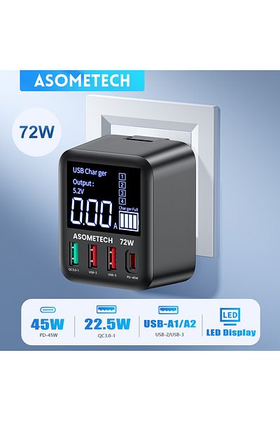 ASOMETECH US Plug ASOMETECH 72W GaN USB Charger 4 Port With LED Display QC3.0 PD3.0 PPS 45W USB C Fast Charger