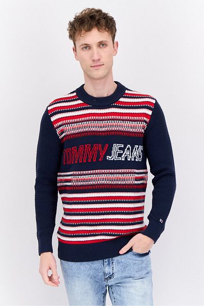 Tommy Jeans Men Crew Neck Brand Logo Pull Over Sweater, Navy/Red/White