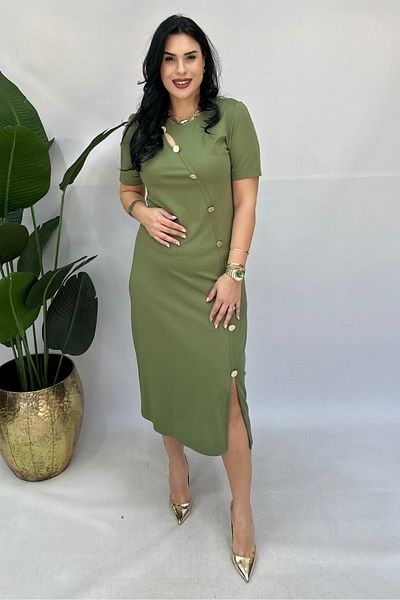 GÖKSEL Gold Buttoned Plus Size Dress - Khaki