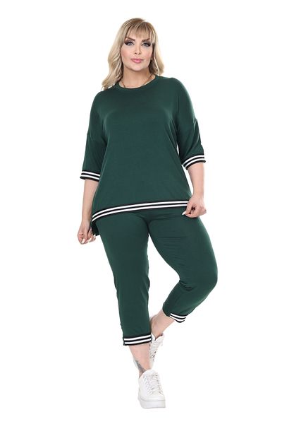 MELSAY Women's Emerald Green Crew Neck Stripe Detailed Short Sleeve Elastic Waist Capri Suit