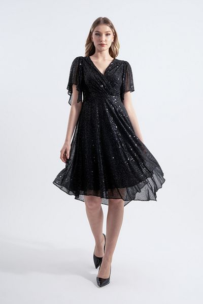HOX'S Angel Black Midi Evening Dress - Sequined, Double Breasted Collar and Asymmetric Skirt