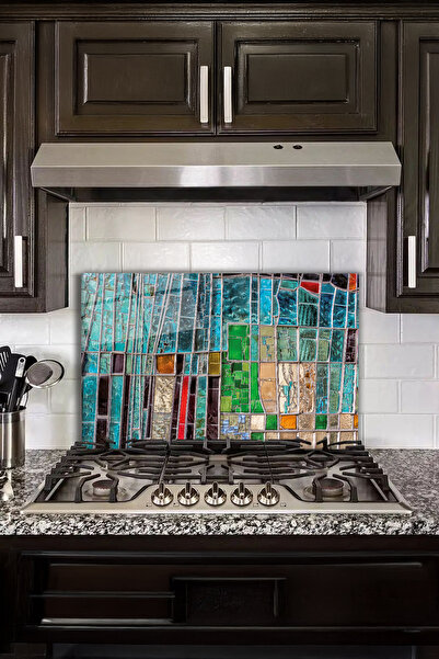 Vitrovelo Mavi Geometrik Cam Ocak Arkası Koruması, Isıya Dayanıklı Tezgah ve ...