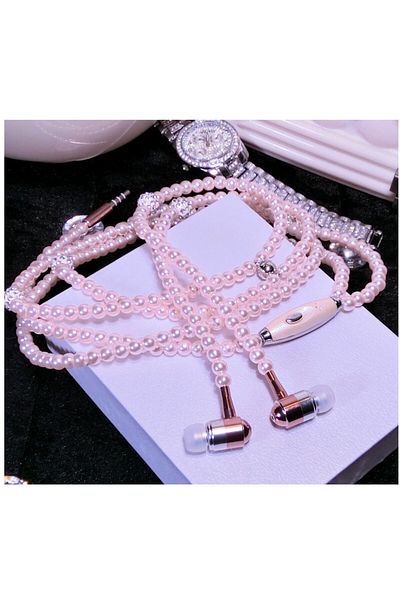 lyubomir kafadarov Pink Pearl Necklace Earphones Pink rhinestone Jewelry Headphones With Microphone Earbuds for iPhone