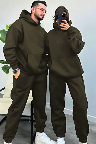 YAKAMEL Kadın Erkek Trend Model Çiftlere Özel 3 Iplik Oversize Kışlık Kalın E...