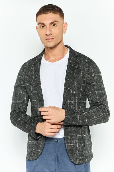 Emporio Armani سترة رسمية بقصّة عادية للرجال بنقشة نافذة، لون فحمي