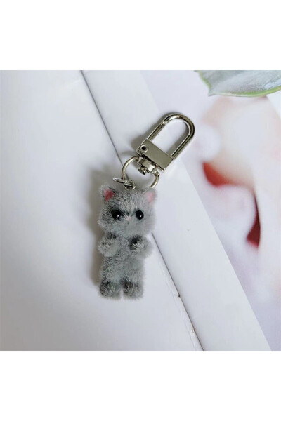 Choice سلسلة مفاتيح شكل قطة صغيرة لطيفة من زاكول، رمادية اللون، ثلاثية الأبعا...