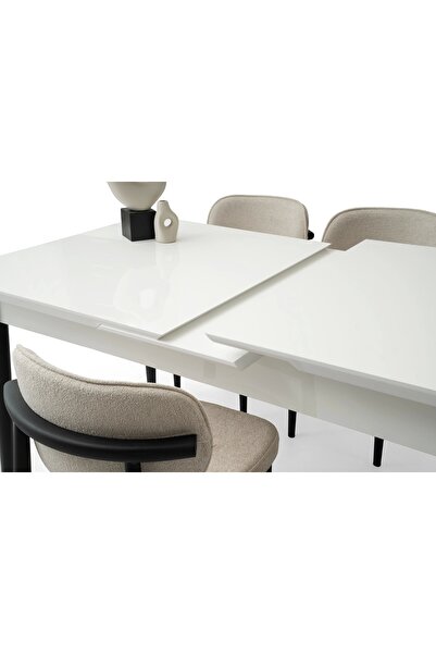 Evistro Ortadan Açılır Büyüyen Yemek Masası Beyaz 90x160cm Beyaz - Siyah Ayaklı