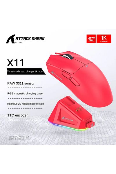 Choice ماوس X11 Red Attack Shark X11 PAW3311 بلوتوث، اتصال ثلاثي الوضع، شحن مغناطيسي باللمس