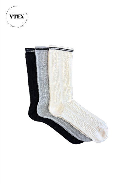 Women's 3-Piece Knitted Patterned Socket Socks Embossed Socks