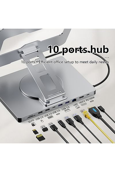 Blueendless حامل iPad من الألومنيوم من Blueendless ST109A، 10 في 1، موزع C، 4K، 60 هرتز، محول من النوع C، USB3.0، 5 جيجابت في الثانية، 10