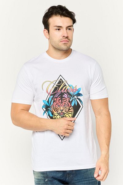 Cavalli Class Men Crew Neck Short Sleeve Graphic Print T-shirt, White