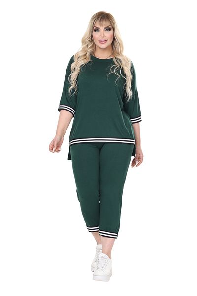 MELSAY Women's Emerald Green Crew Neck Stripe Detailed Short Sleeve Elastic Waist Capri Suit