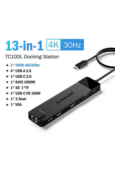 lemorele موزع USB C 13 في 1 بمنفذ Rj45 Tc100 ومحطة إرساء USB 3.0 وRj45 وGigabit Ethernet وUSB Type-c إلى Duo