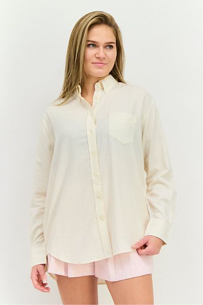 Gant Women Button Down Collar Long Sleeves Solid Shirt, Cream
