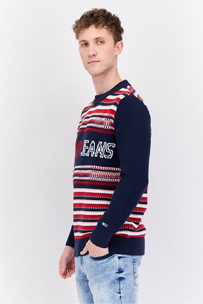 Tommy Jeans Men Crew Neck Brand Logo Pull Over Sweater, Navy/Red/White