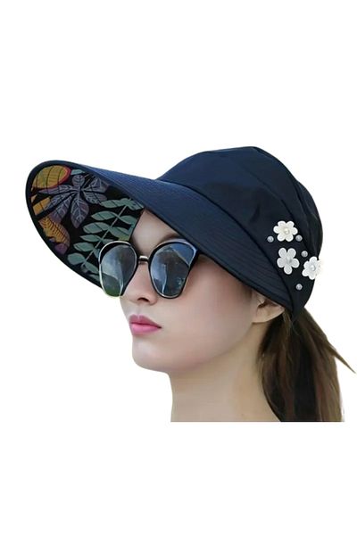 CosmoOutlet Foldable Uv Protection Black Color Visor Sun Hat with Flower and Pearl Bead Decoration