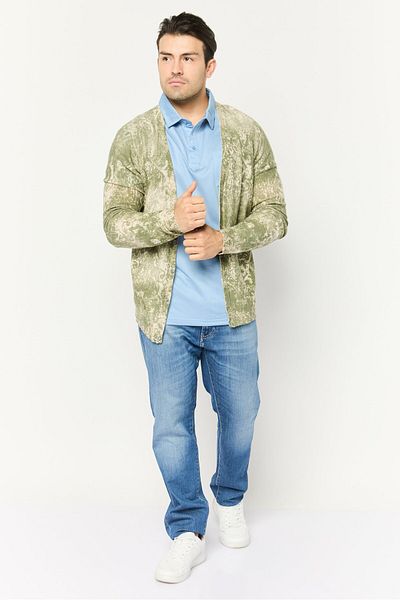 GAS Men V Neck All Over Printed Long Sleeve Cardigans, Green/Beige