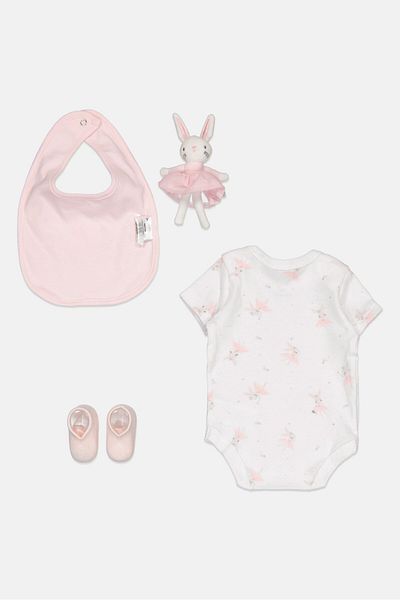 Rock A Bye Baby Boutique Toddlers Girl 4 Piece Bodysuit With Accessories And Toy Gift Set, White