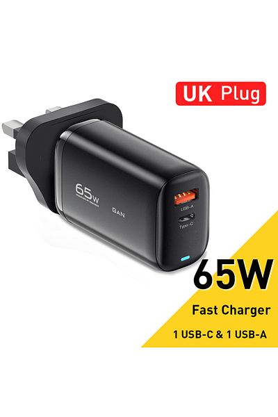 Choice شاحن Essager 65 وات GaN USB Type C أسود من المملكة المتحدة لأجهزة الكمبيوتر المحمولة PPS 45 وات 25 وات شحن سريع لهاتف Samsung Xiaomi Re