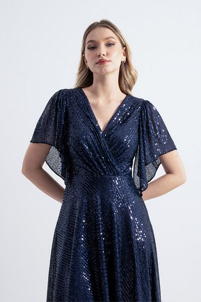 HOX'S Angel Sequined Midi Evening Dress - Double Breasted Neckline and Asymmetrical Skirt, Handkerchief Sleeves - Navy