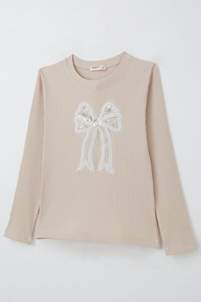 Breeze Μπεζ μακρυμάνικο μπλουζάκι για κορίτσια 9-14 ετών με φιόγκο από τούλι κεντημένες χάντρες